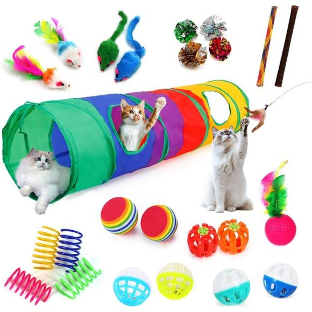 25-Piece Cat Toys Kit with Rainbow Tunnel - Interactive Cat Toy Bundle